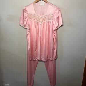 VTG Vanity Fair Pajama Set Pink Nylon Satin Lace Button Top Pants Coquette L